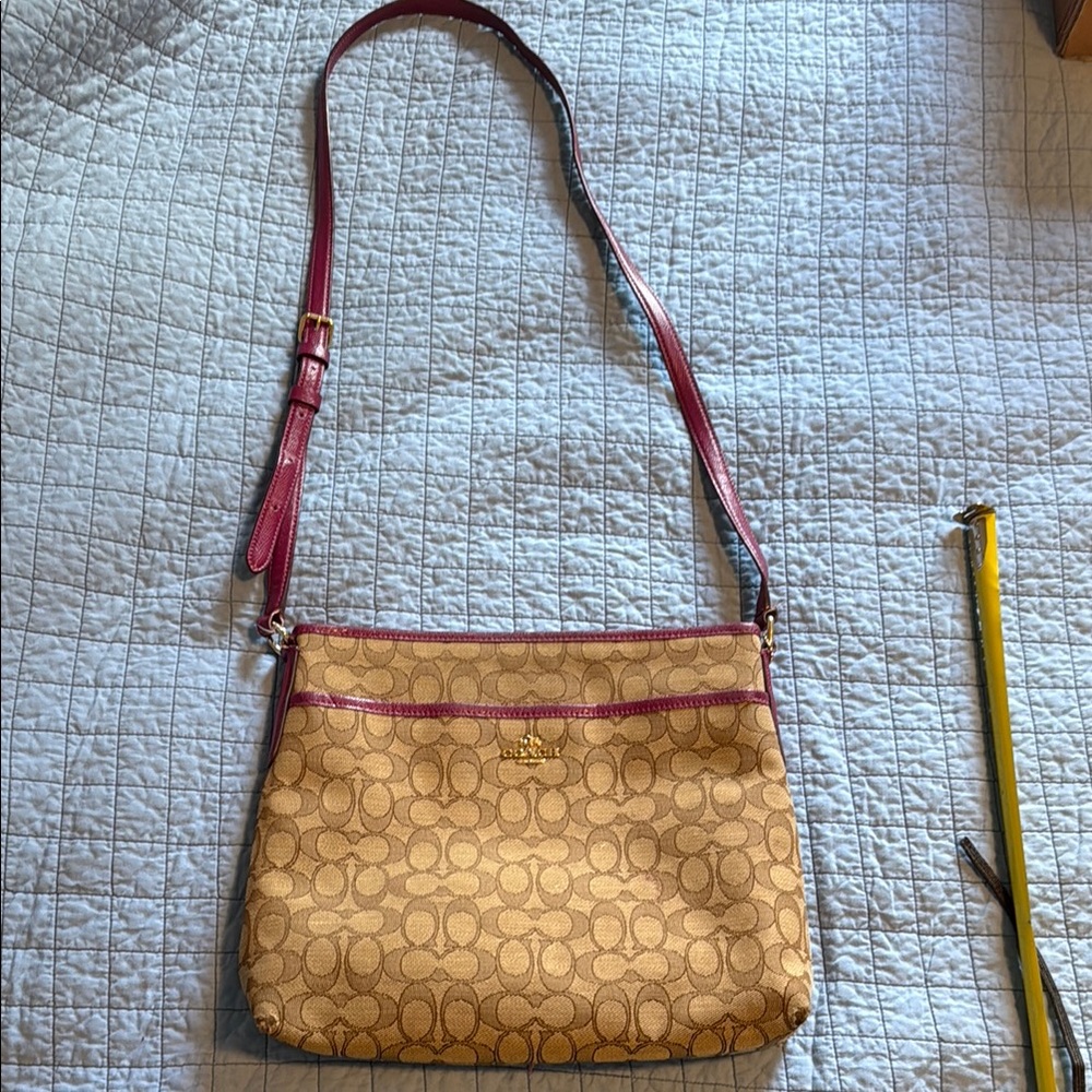 Coach Signature Tan and cranberry/purple Crossbody Bag & matching wallet